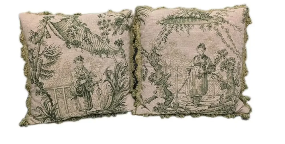 Aubusson Style Needlepoint Pillow Cover Toile Sage Green Cream PAIR Chinoiserie